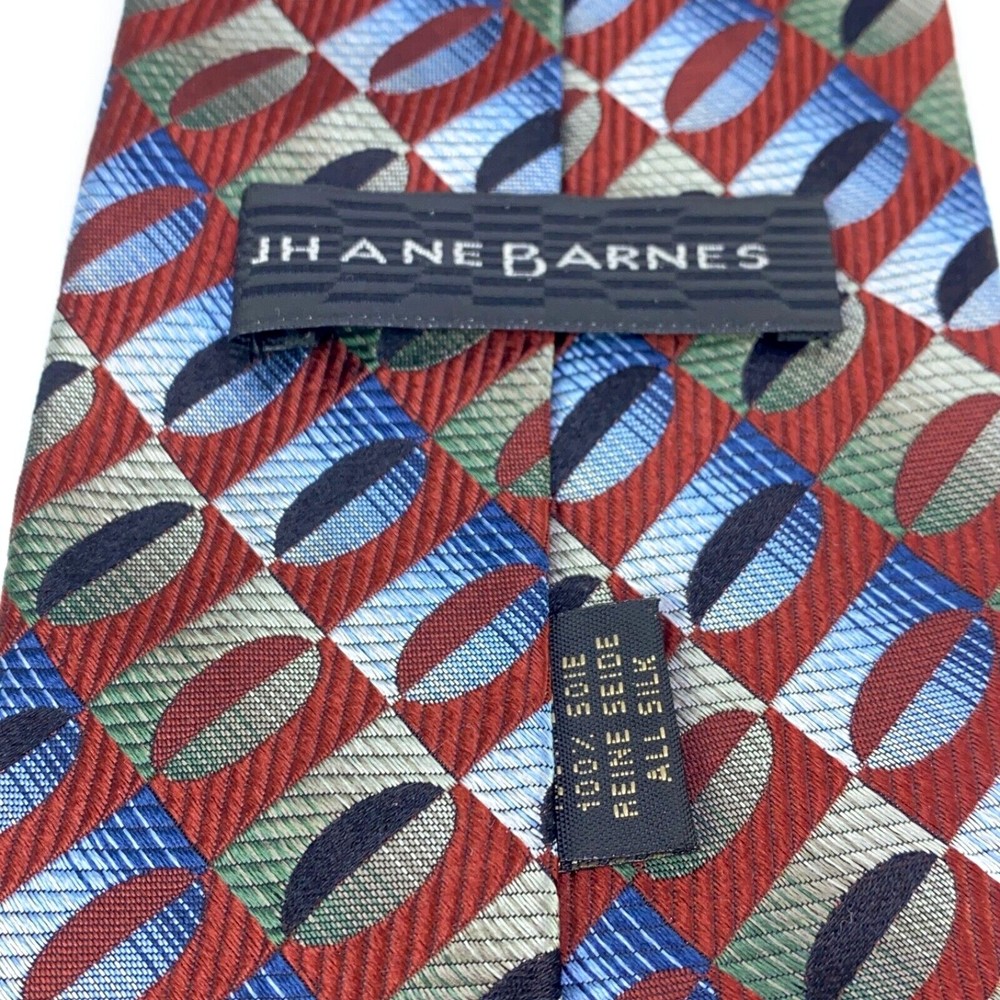 Jhane Barnes Men's Tie 100% Silk Auburn Red w/ Green Blue Geometric Necktie 60" - Picture 9 of 11